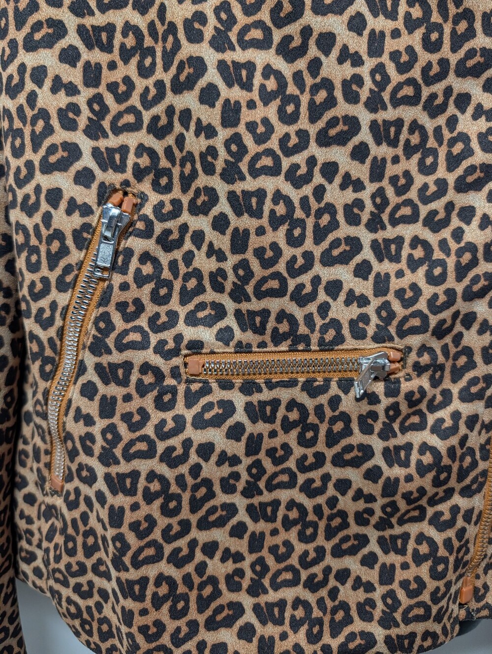 Women's Leopard Print Biker Jacket Brown/Black Size 2XL Full Zip Lined - Picture 7 of 8